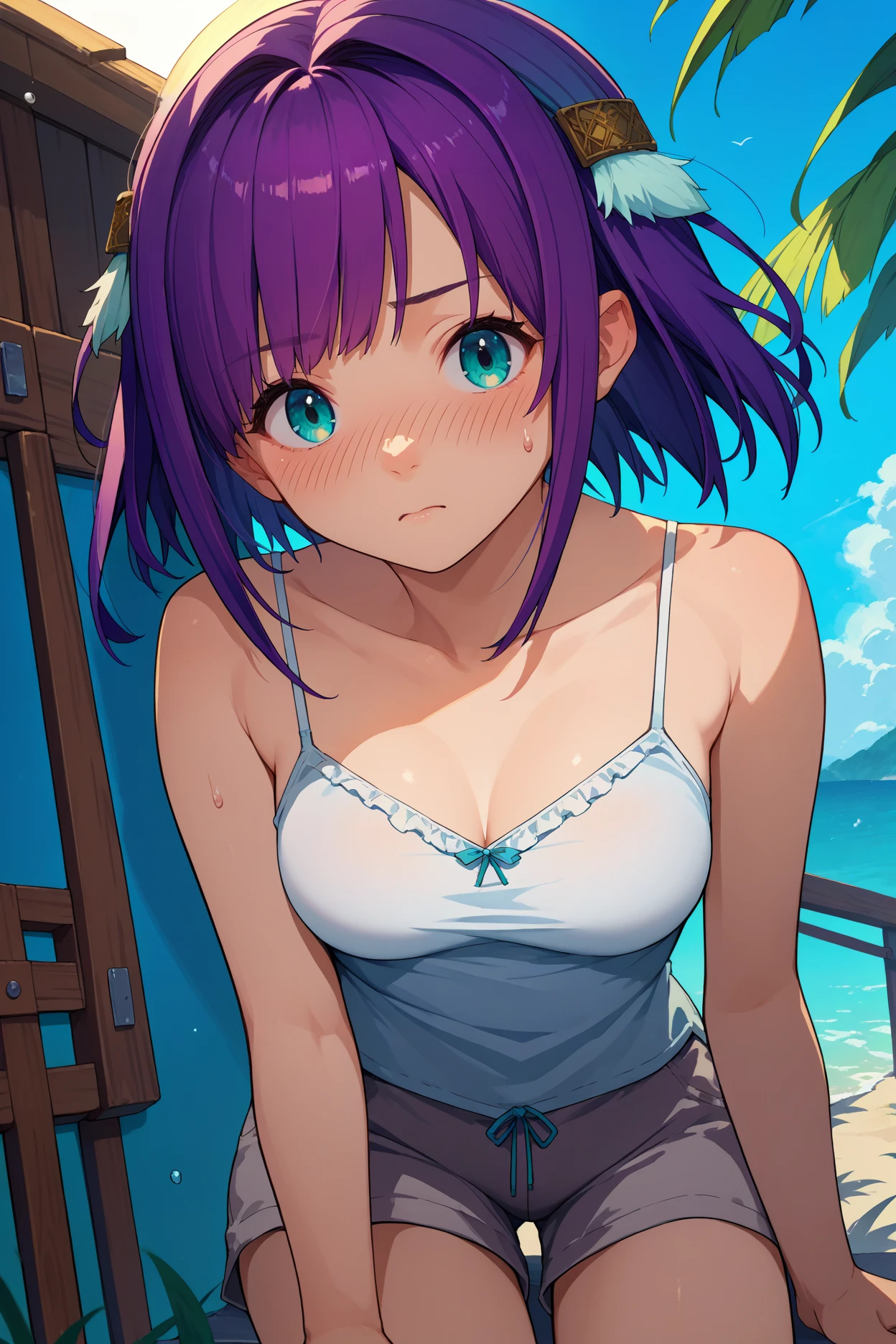 score_9, score_8_up, score_7_up, score_6_up, source_anime, 1girl, solo,  <lora:rikaichinose-pdxl-nvwls-v1-000005:1> rikaichi, purple hair, cyan eyes, short hair, hair ornament, white camisole, medium breasts, grey shorts, summer, sun, looking at you, sweatdrop, blush