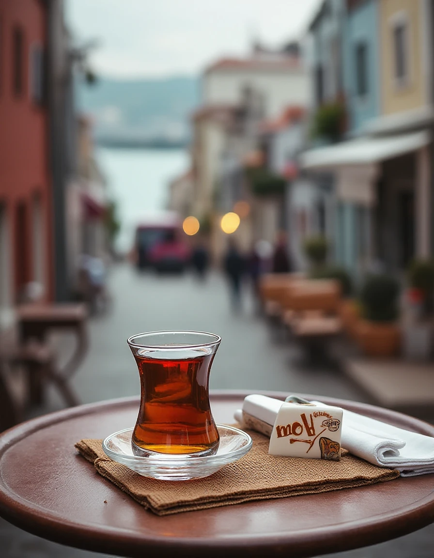 A glass of TurkishTea on a coffee table on the sideway near Bosphorus in Istanbul
 <lora:uai_TurkishTea_FLUX_v105:1>