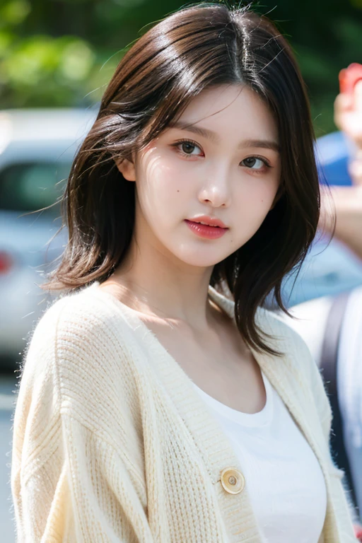 masterpiece, best quality, ultra-detailed, ultra high res, (photorealistic:1.4), raw photo, (realistic:0.2), 8k HDR, realistic cool temperature lighting, (asian:0.2), 1girl, solo, asymmetrical hair, outdoor, day, (fashion show event:1.2), bokeh, (detailed lips), (detailed pores), (detailed skin textures), (detailed face:1.2), (upper body:1.2), a woman in a white cardigan, promotional image, a character portrait,