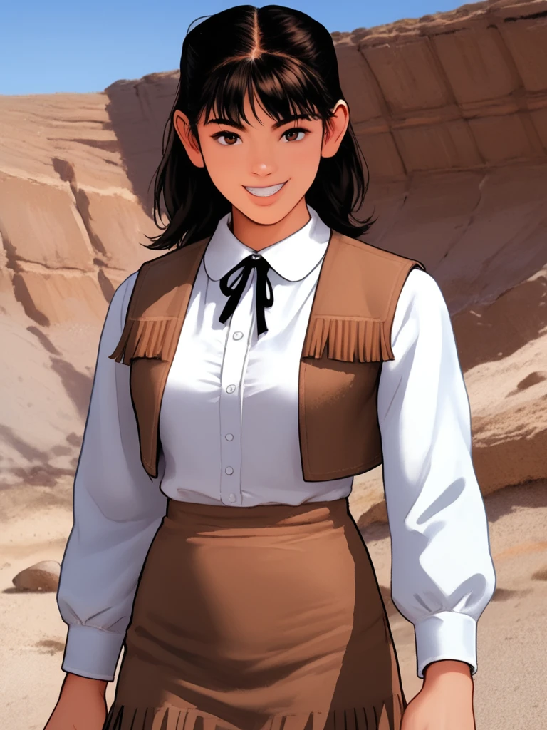 score_9, score_8_up, score_7_up, 1girl, solo,<lora:100_shaider_annie_pdxl:1> 1girl, solo, annie_shaider, anncost1, black hair, shoulder length hair, bangs, brown eyes, Japanese woman, white collar shirt,  bolo tie, brown vest with fringe, brown fringed skirt, legs, standing, close up view, desert, rocky slope, looking at viewer,fighting stance, confident, close up view, smile, teeth