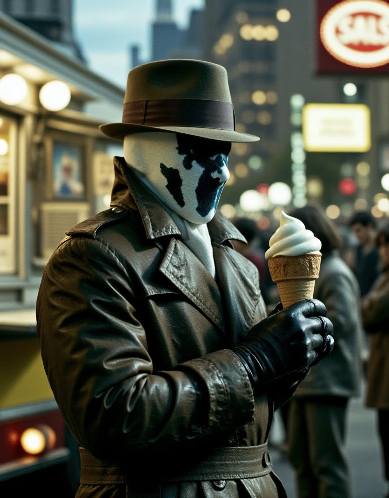 Rorschach wears a dark brown jacket and black gloves and is having an icecream cone in front of an icecream truck<lora:Rorschach:0.9>