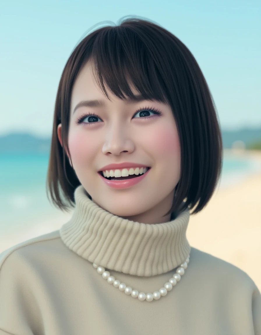 Upper body photo of a young Japanese woman laughing. She has dark brown bob cut hairstyle and is wearing a pearl necklace and beige turtleneck sweater. The background implies a tropical beach at daytime. <lora:Saeko_Mukoda_-_Flux-000001:1>