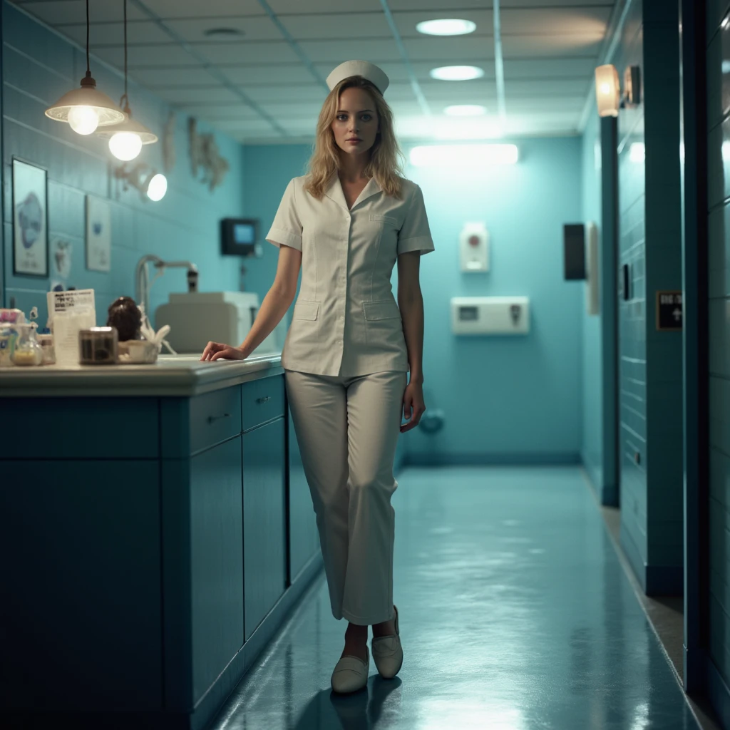 Cinematic a candid of a blond woman, dramatic lighting, shimmering lighting, prismatic effect, ultra realistic, ultra detailed textures. nurse uniform, white loafers, standing next to a counter in a hospital, looking at the viewer,marley, sheltonm, mysl