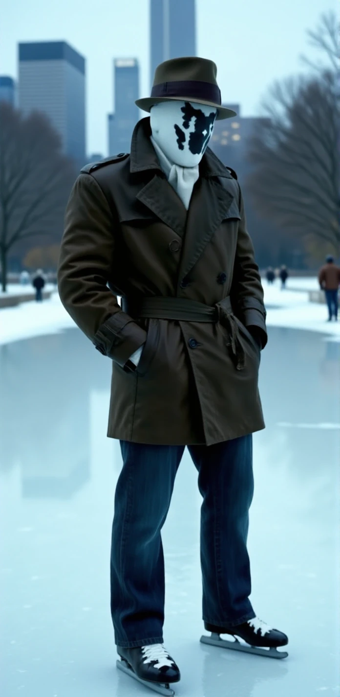 Rorschach wears a dark brown jacket and have his hands in his jacket pockets. He is iceskating on a frozen lake in a city park<lora:Rorschach:0.9>