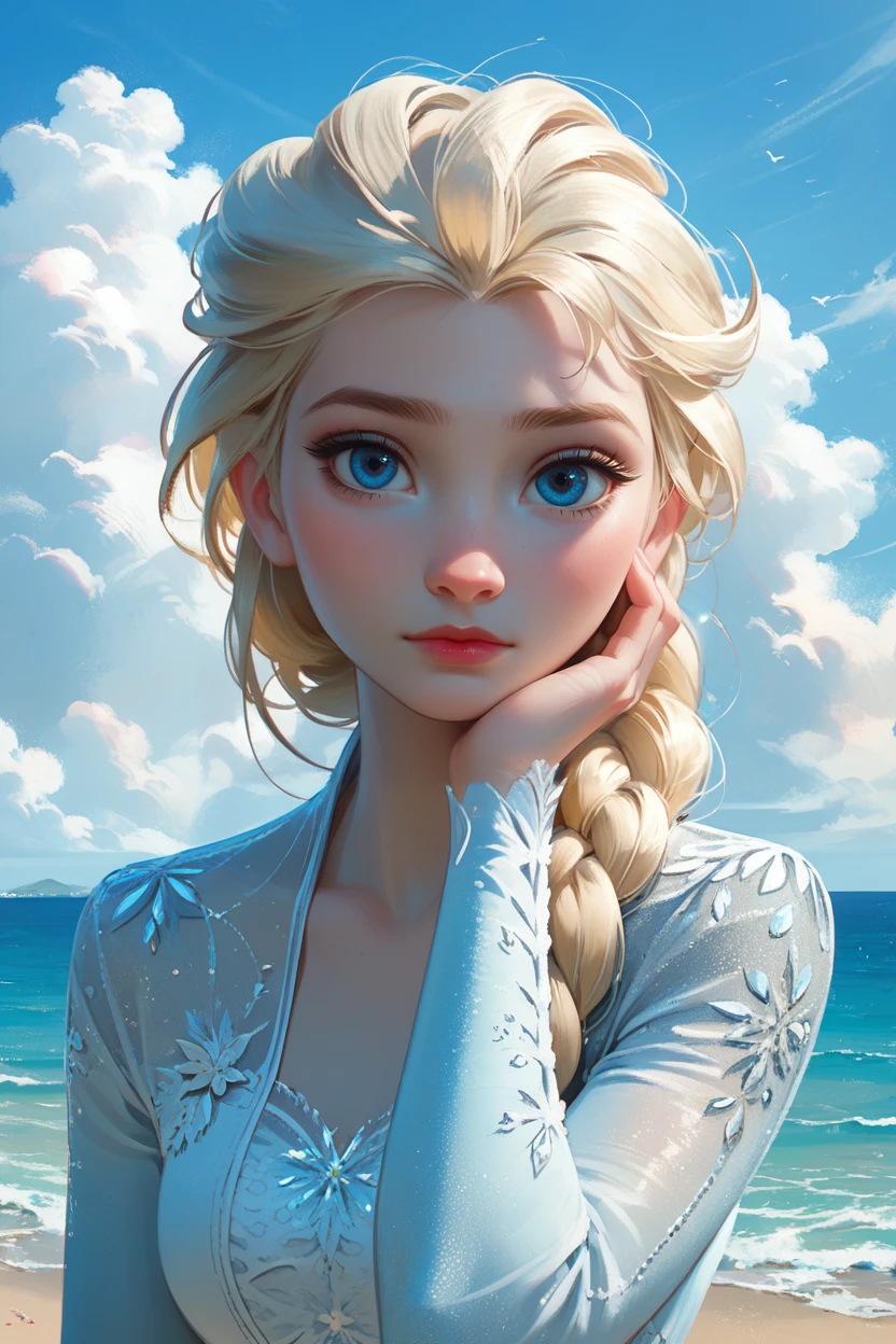 score_9, score_8_up, score_7_up,
<lora:DisneyElsa:0.8>
DisneyElsa, 1girl, blonde hair, blue eyes, braid, looking at viewer, adjusting hair, upper body, sea, blue sky, white cloud, beach