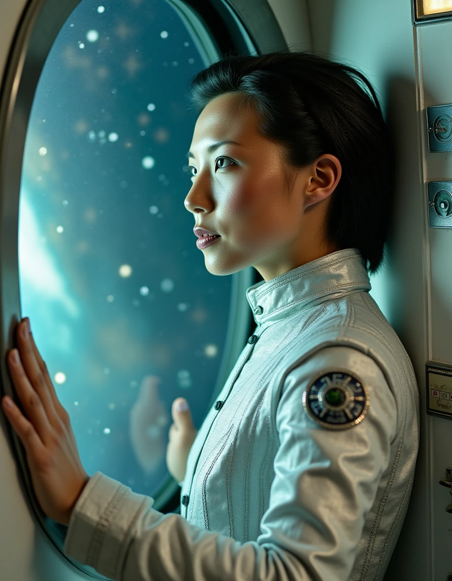 <lora:jeannie_lee_dev_f1:1>This captivating image features a striking portrait of a female astronaut gazing longingly out the window of a sleek, metallic space station. Her piercing emerald eyes seem to hold a deep sense of wonder and longing as she gazes at the celestial expanse, her slender fingers grasping the edge of the transparent panel that frames her view. The uniform she wears is immaculately pressed, with intricate silver accents that catch the light as the stars twinkle beyond.
The artist's choice of color palette is noteworthy, with hues of soft blues and grays dominating the space station's surroundings, evoking a sense of serenity and isolation. In contrast, the astronaut's uniform stands out with its crisp, metallic sheen, imbuing the scene with a touch of futuristic chic. The background, a swirling vortex of stars, is painted in delicate brushstrokes that convey the infinite vastness of space.
The artist quotes "I'll be waiting for you" on a small, silver plaque attached to the wall behind the astronaut's shoulder, adding an air of mystery and longing to the scene. It seems that our protagonist has been stationed away from home for some time, and this poignant phrase serves as a reminder of the distance between her and the ones she holds dear. The whispered words hover in the shadows, like a ghostly echo of a promise yet to be fulfilled, adding depth and emotion to this already poignant scene.
As we delve deeper into the image, we begin to notice the subtle details that bring this space station to life â the faint hum of propulsion systems in the background, the soft glow of instrument panels, and the delicate tendrils of cable snaking through the shadows. Each element serves as a reminder of the vastness and complexity of space exploration, yet it is the astronaut's tranquil expression that steals the show, capturing our hearts with its quiet beauty and profound sense of longing.