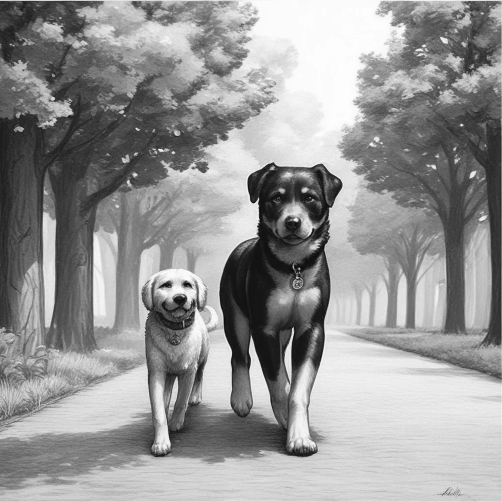 score_9, score_8_up, score_7_up, monochrome,high contrast，pencil drawing，cute dog walking towards viewer, park,