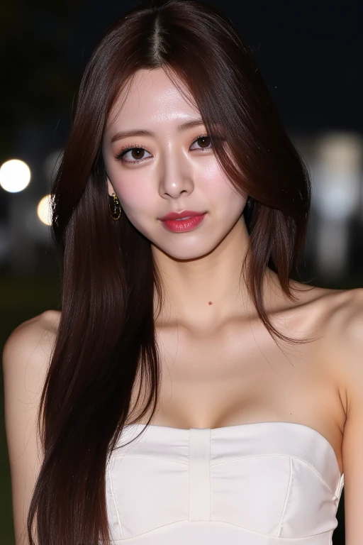 masterpiece, best quality, ultra-detailed, ultra high res, (photorealistic:1.4), raw photo, (realistic:0.2), 8k HDR, realistic lighting, 1girl, solo, (asian:0.2), asymmetrical brown hair, outdoor, night, (simple background:1.4), bokeh, (detailed lips), (detailed pores), (detailed skin textures), (detailed face:1.2), (upper body:1.2), a woman in a strapless tube dress, promotional image, a character portrait. <lora:Tissue_Yuna_Flux_v1.0-LowRep:1>