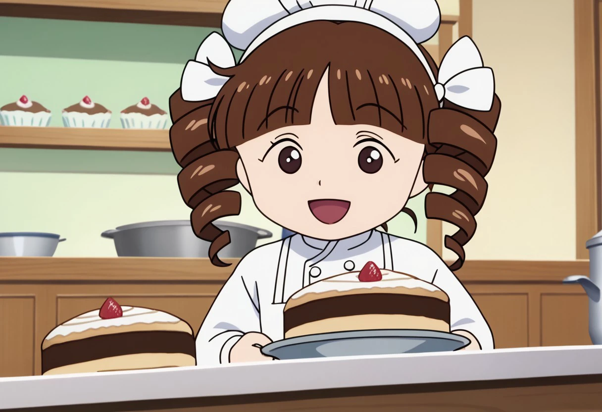 score_9, score_8_up, score_7_up BREAK HimekoJ, 1girl, brown hair, hair drills, blunt bangs, brown dot eyes, white ribbons, white chef outfit, white cook outfit, gray pants, black shoes, cooking sweets, baking sweets, happy, screenshot, official art, parody, anime footage, official design, screencap, anime screenshot, official screenshot, 2d, anime, source_anime, solo, solo focus, bakery kitchen indoors, bakery kitchen, cakes and sweets,