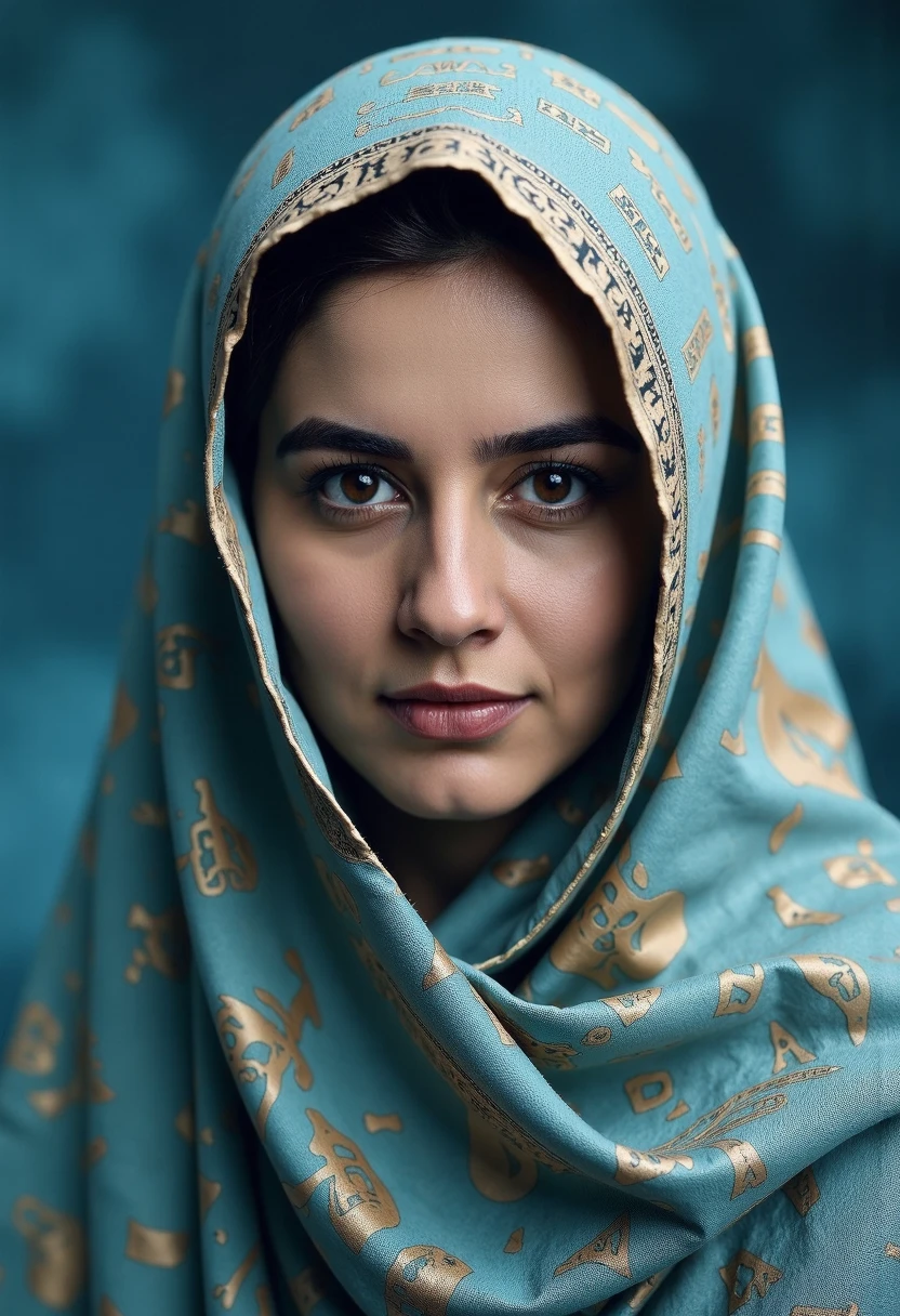 Envision a close-up portrait of a female figure wrapped in ancient, hieroglyph-covered cloth, surrounded by a cold, polygonal blue background. The fabric is aged, with cobwebs adorning its edges, and each hieroglyph is meticulously detailed, adding layers of mystery to the figure. Only their eyes are visible, emanating an otherworldly presence that contrasts sharply with the sharp, crystalline facets of the background. The blue gradient ranges from icy whites to deep navy, giving a sense of an endless, frozen landscape. The detailed textures of the fabric and the clarity of the background facets make the scene feel tangible, as if the figure were a relic preserved within a digital prism. This fusion of ancient and modern aesthetics invokes a haunting and futuristic atmosphere, a glimpse into a world where the past is locked within an icy, geometric void.