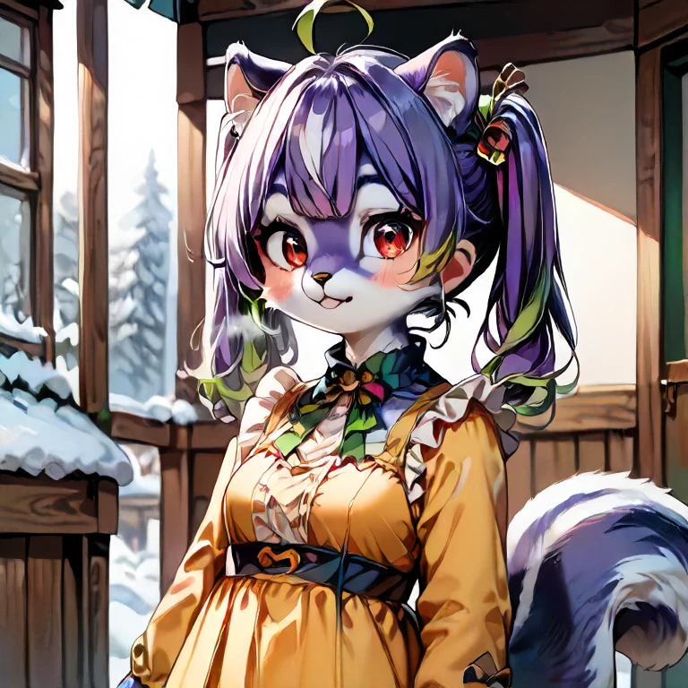 score_9,score_8 up,score_8,score_7 up,source_anime,masterpiece,highest quality,best quality, kawaii, cute, adorable, anthro, feral , furry,squirrel female, solo,outside,standing,cowboy shot, snow,winter, cold breath, Mauveko,purple hair,twintails,green highlights,ahoge,red eyes,
 <lora:my_OC_No.01_Mauvekoã¢ã³test:1>