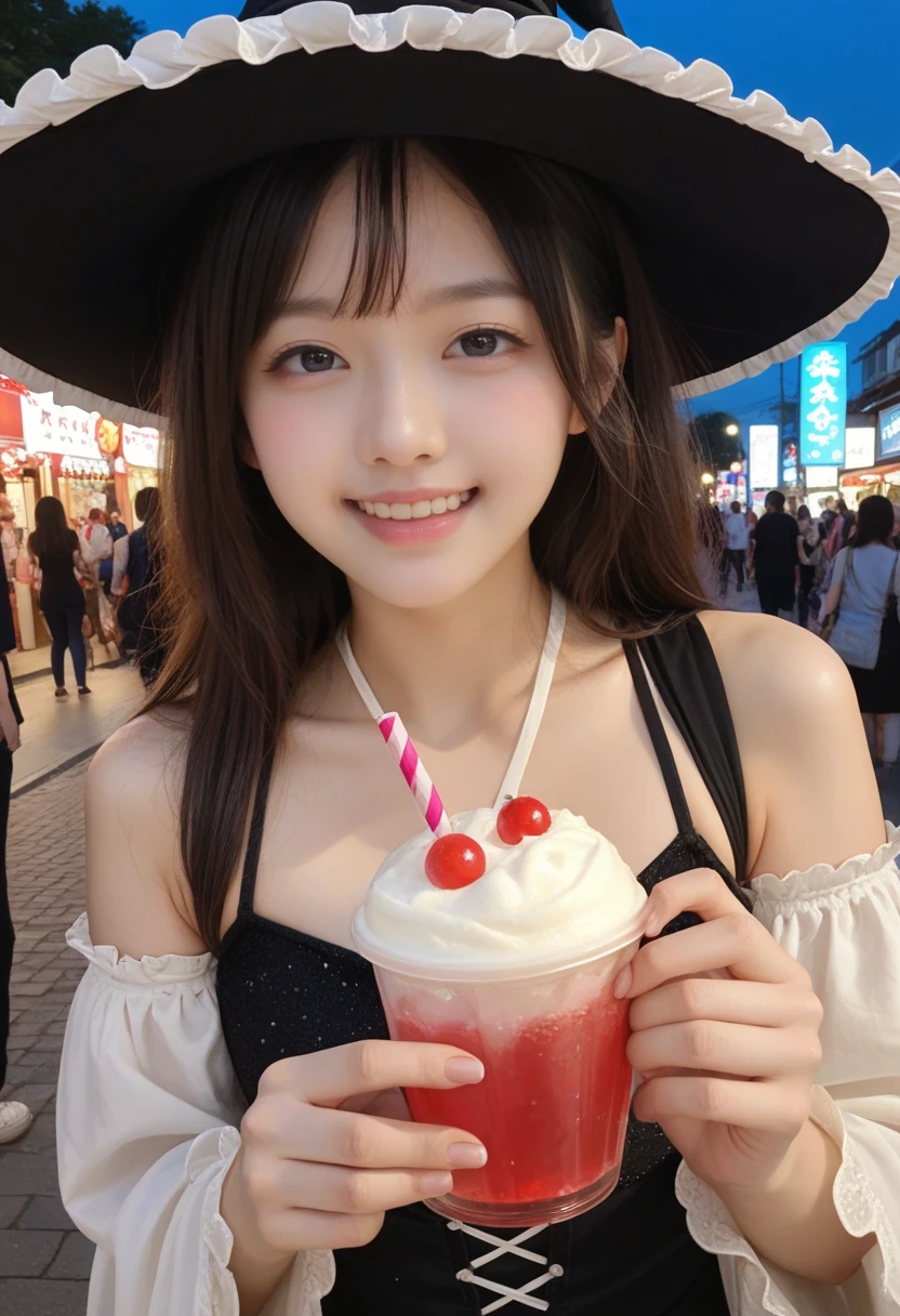 Beauty、Cute person、beautiful、Young face、Detailed face、Summer festival、Festivals、night、stall、Eating shaved ice、Has bangs、whole body