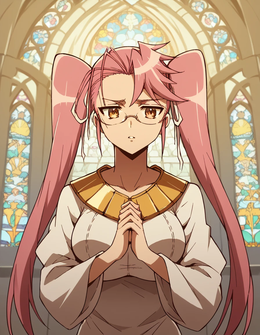 score_9, score_8_up, score_7_up, source_anime, sayatakagi, <lora:saya-takagi-ponyxl-lora-nochekaiser:1>, saya takagi, long hair, ribbon, twintails, brown eyes, hair ribbon, pink hair, glasses, large breasts,, <lora:buddhist-nun-ponyxl-lora-nochekaiser:1>, buddhist nun, nun, habit, vitakra mudra, mudra, coif, gold necklace, priestess,, church, parted lips, praying,, cowboy shot