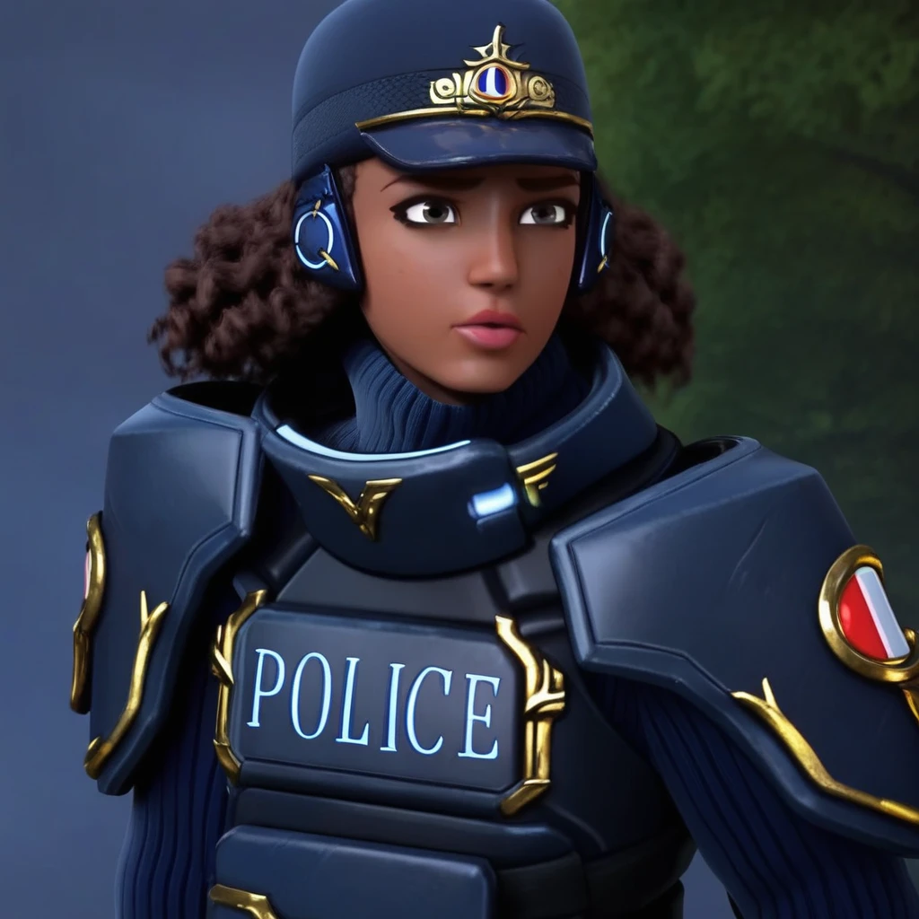 PolicewomanOW2,1girl,solo,brown hair, long hair,curly hair,very dark skin,brown eyes,dark skinned female,weapon,large breast,police,uniform,police uniform,armor,breast plate,helmet,gloves,pants,boots,thighhighs,lips,shoulder armor,leg armor,blue pants,footwear,pauldrons,sweater,belt,sexy pose,