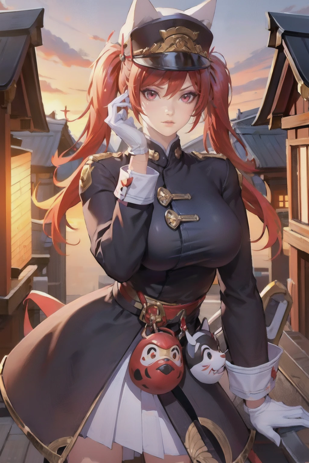 <lora:Capheny_Maple_Front_AoV_Model_LoRA:0.8>, Capheny_Maple_Front, 1girl, solo, hat, black headwear, animal ears, twintails, red hair, looking at viewer, red eyes, lips, closed mouth, uniform, military, military uniform, breasts, long sleeves, gloves, white gloves, skirt, white skirt, mask, fox mask, shoes, socks, white socks, black footwear
, outdoor, military camp, military camp background, japanese flag, maple tree, maple leaf, japanese style, realworld location, best quality, ultra high res, (photorealistic:1.4), masterpiece, real life skin, hyper real