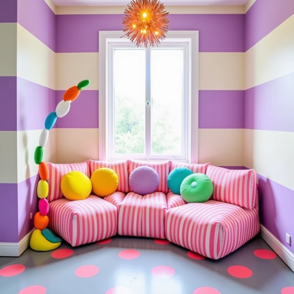  Whimsical Wonderland Reading Nook
A cozy reading nook surrounded by striped walls in soft lavender and white. The floor is a playful polka-dot pattern with pink and teal circles on a light-gray base. A pink sofa with white stripes rests by the window, adorned with plush multicolored throw pillows. The space is illuminated by a soft glow from a funky, retro-inspired chandelier. A floor lamp shaped like a giant, colorful crayon adds a quirky touch, creating a whimsical space for relaxation or reading.