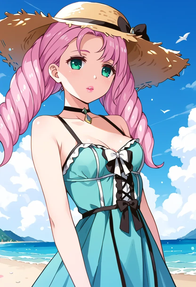 score_9, score_8_up, score_7_up, score_6_up,
masterpiece,

1girl, solo,

Marianne, pink lipstick, pink hair, drill hair, long hair, green eyes,

small breasts,

ocean, summer dress, straw hat, flowers,