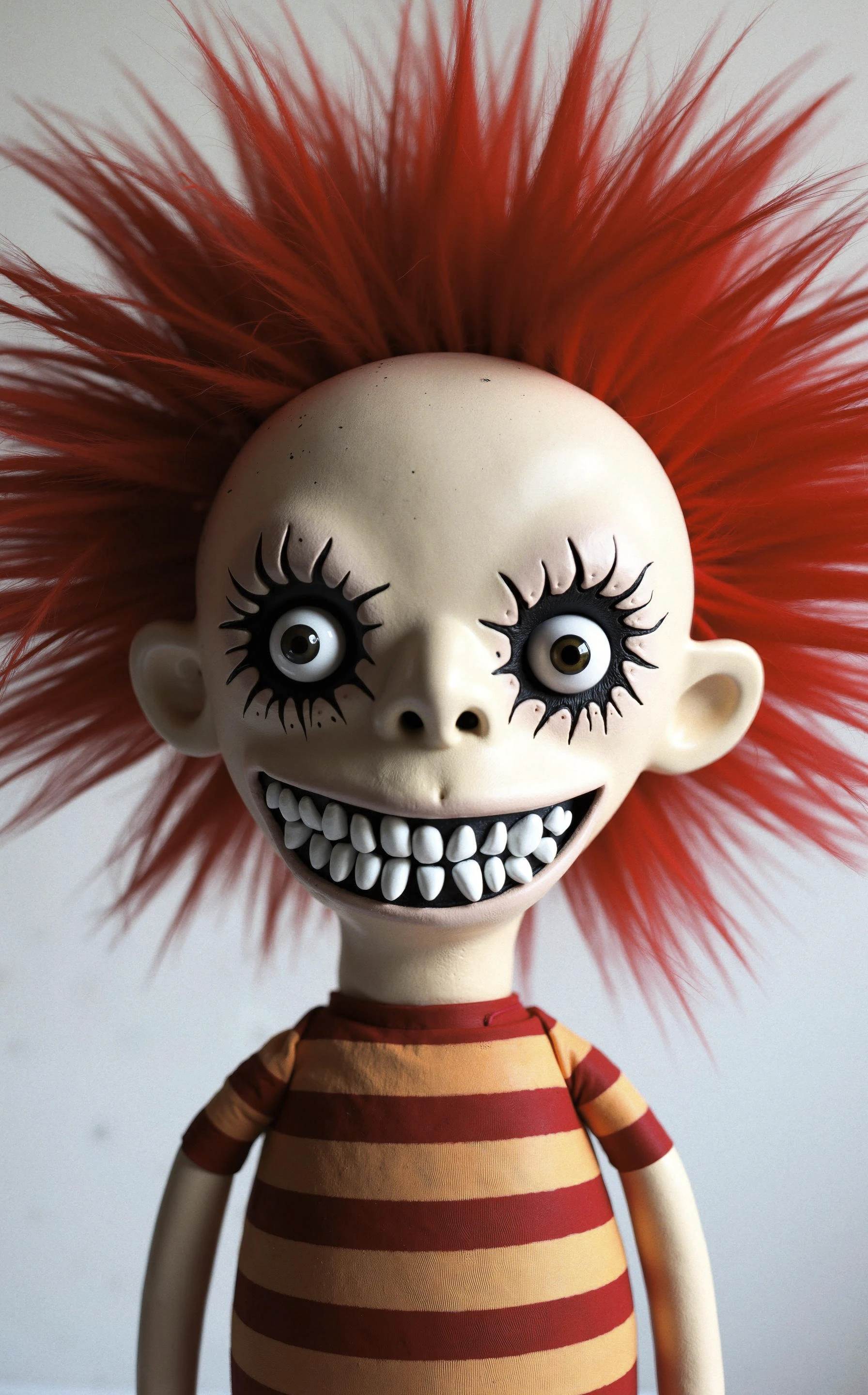 HAS12345.3FR, Creepy, A creature with a large, round head and a menacing expression. Bright red spiky hair surrounds its head, contrasting with its pale skin. The eyes are exaggerated, with dark pupils and intricate lines enhancing their intensity. A prominent, round nose sits above a wide, toothy grin filled with oversized, white teeth. The creature is adorned in a striped outfit featuring red and yellow horizontal lines. The overall appearance combines elements of whimsy and creepiness, creating a unique and unsettling presence.  