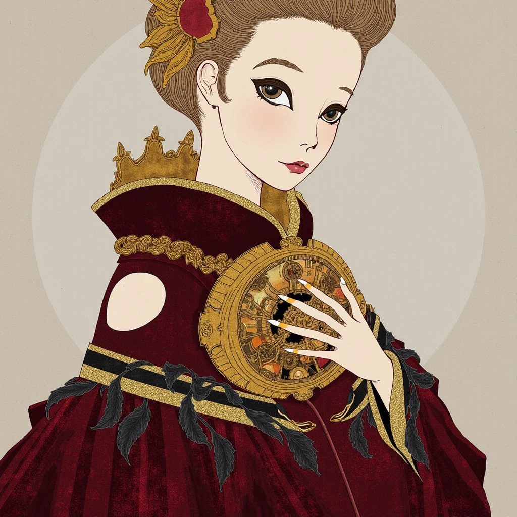 In style of Kotaro Chiba. A beautifully intricate girl in a baroque gown of deep velvet and gold lace, with hidden clockwork mechanics visible just under her skin. Her hair is intricately coiffed, and her eyes reflect the glow of a hidden energy source within her chest.