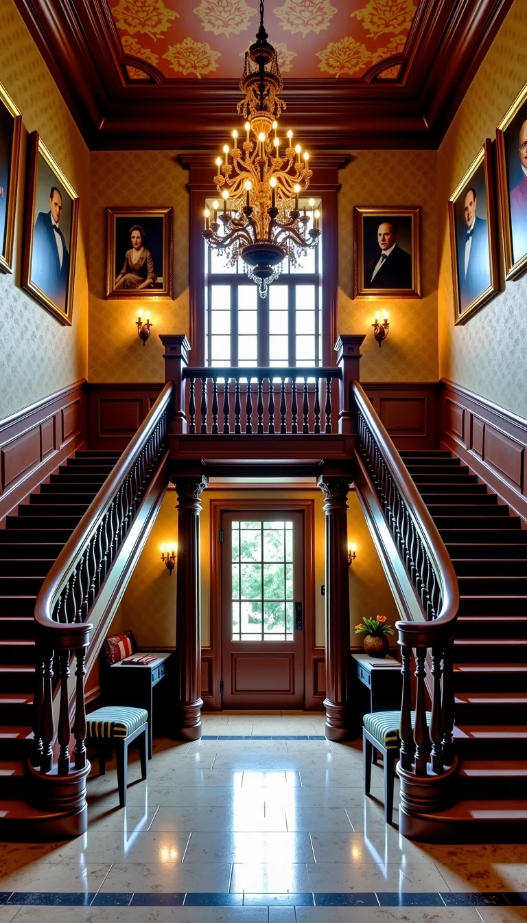 A sprawling Victorian-era manor house with a grand staircase at its heart, the bannisters made of dark, polished wood. The wallpaper is rich with intricate patterns, and the chandelier above the entryway casts a warm, golden glow on the marble floor. Portraits of past residents line the walls, giving the space an air of history and grandeur.  <lora:Everly Heights Retro Cel-Frame FLUX:1>