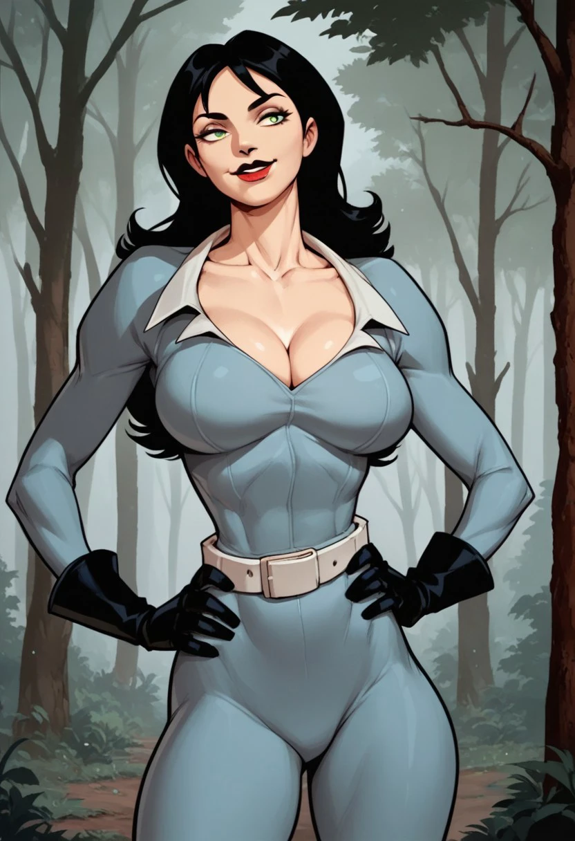 Score_9, score_8_up, score_7_up, score_6_up, score_5_up, score_4_up, 1girl, solo, voluptuous, curvy, large breasts, cleavage, collarbone, AbbeyGrey, Human Female, Black Hair, Green Eyes, Red Lips, Blue Bodysuit, Black Gloves, Belt, smile, forest, tree, seductive smile, lidded eyes, cleavage, hands on hips,