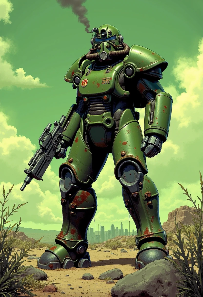 Imagine an image in the style of a gritty graphic novel: The T51 power armor stands in an irradiated desert under a green, cloudy sky. The armor’s paint is chipped, the metal rusty, and smoke rises from a freshly fired laser rifle. Faded military insignia adorns the chest plate, adding a hint of lost pride. Rocks and mutated flora dot the foreground, while dark shadows from a ruined city loom in the distance.