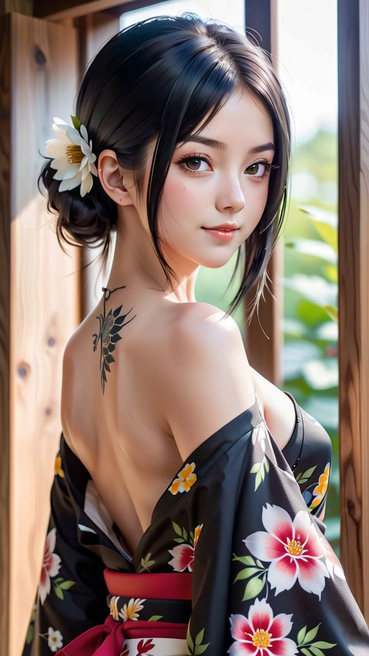 Japanese teenage girl, floral kimono, exposed shoulders, from behind, beautiful face, thick eyelashes, glossy eyes, black hair, cute smile, dark eyeshadow, shoulders tattoos, back tattoos, floral decoration in hair, falling petals, beautifully backlit, wideshot