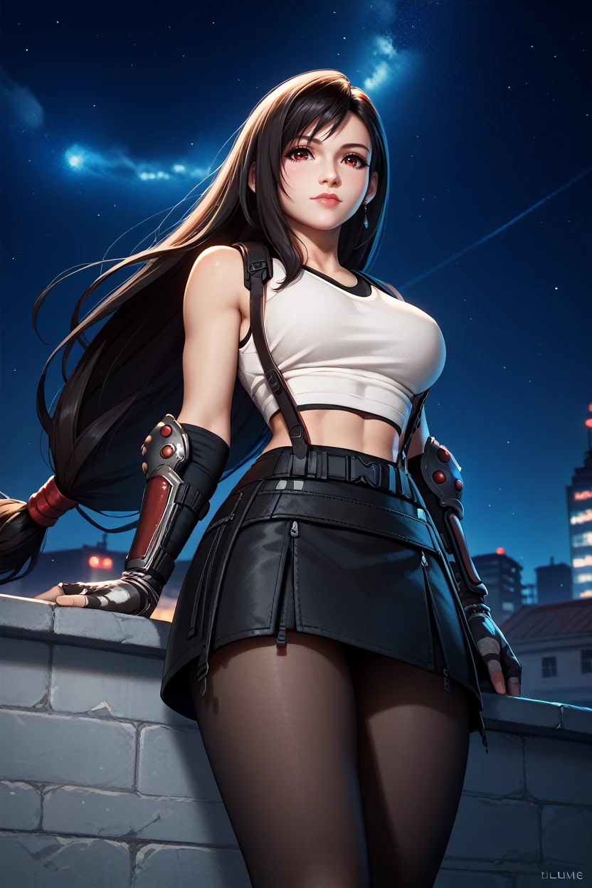 score_9, score_8_up, score_7_up,
<lora:FF7Tifa:0.8>
FF7Tifa, 1girl, black hair, red eyes, long hair, looking at viewer, standing on a rooftop at night, city lights twinkling below, wind gently blowing hair, starry sky above, mysterious and enchanting ambiance