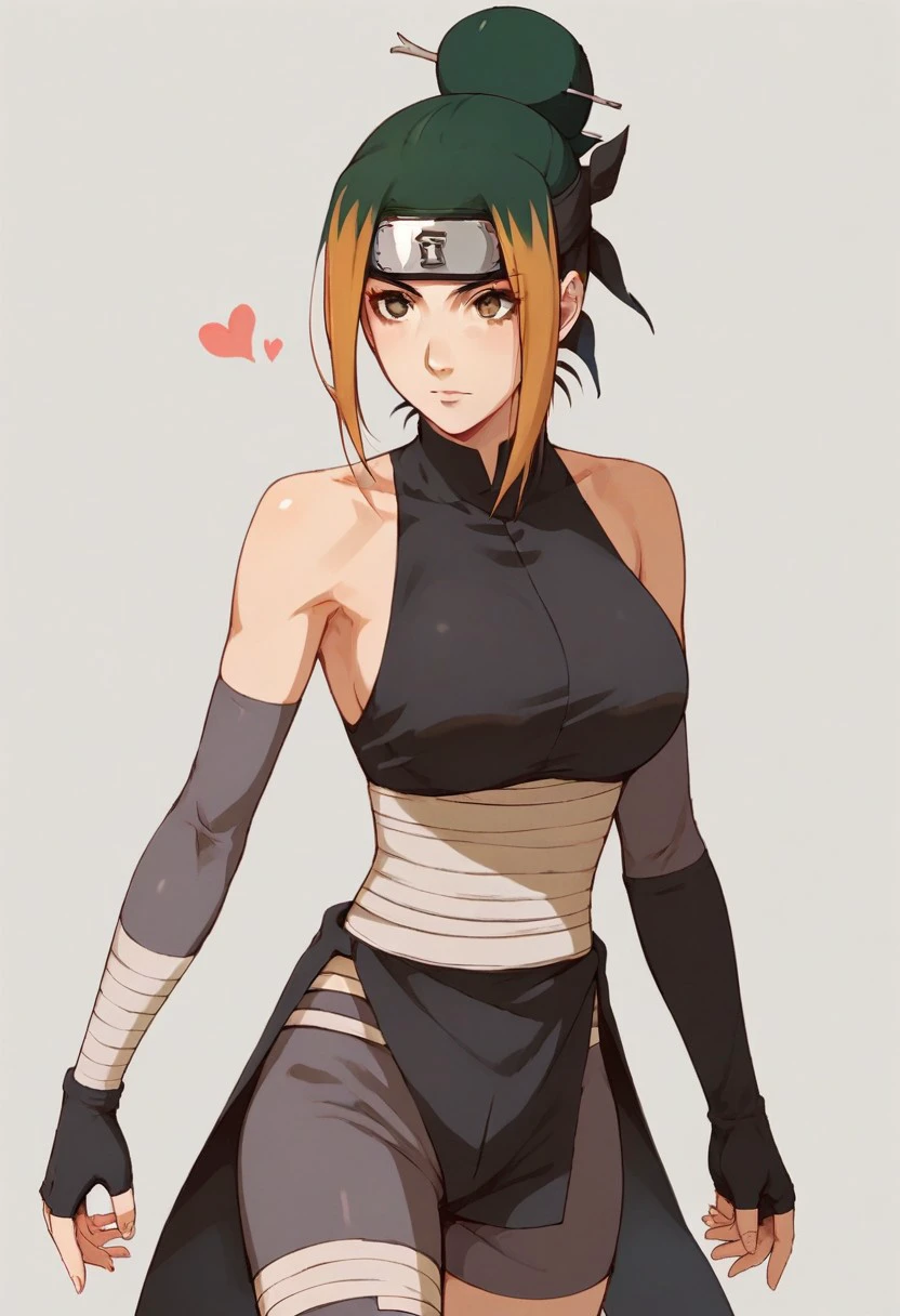 score_9,score_8_up,score_7_up,Pakura, 1girl, solo, brown eyes, multicolored hair, orange hair, green hair, black hair, brown hair, hair bun, single hair bun,  large breasts, Forehead protector, headband, ninja, sleeveless, bare shoulders, backless outfit, sunagakure symbol, gloves,  elbow gloves, bandages,  fingerless gloves, shorts,
Expressiveh