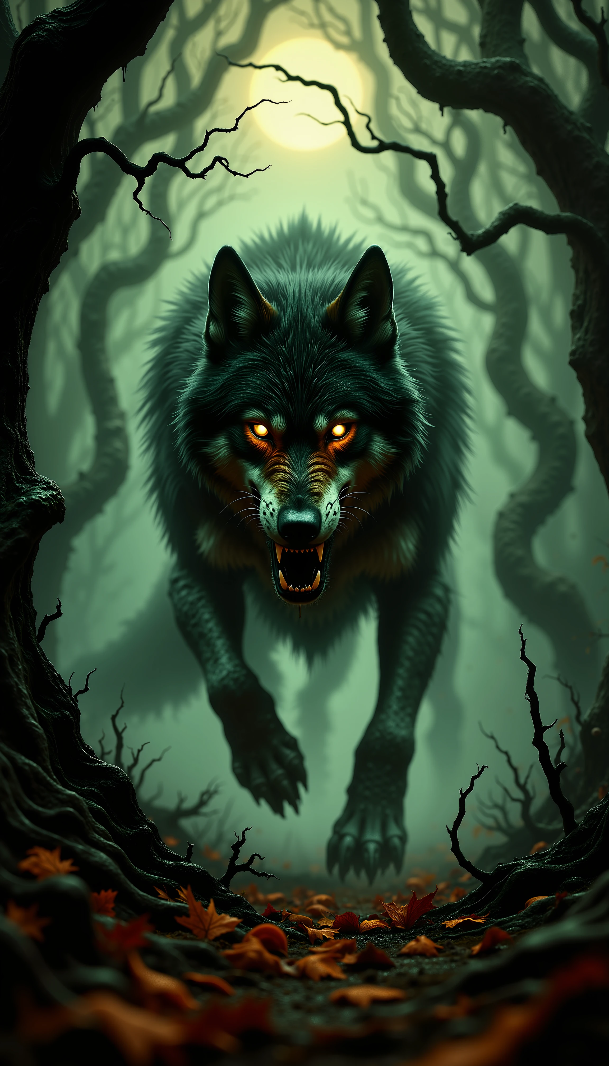 A hyper-realistic image of a menacing wolf lunging from the shadows, poised to attack. The wolf's muscular body is partially obscured by darkness, creating a sense of impending danger. Its eyes glow a fierce yellow-green, reflecting the eerie light of the scene. Bared teeth gleam white against the darkness, with saliva dripping from powerful jaws. The environment is bathed in an unsettling mix of sickly green and burnt orange tones. Shafts of orange moonlight pierce through a canopy of gnarled tree branches, casting long, distorted shadows across the forest floor. These shadows seem to writhe and reach out, blending with the wolf's silhouette to create a nightmarish landscape. Mist clings to the ground, swirling around twisted tree roots and adding to the atmosphere of dread. The fog takes on a greenish tinge, further emphasizing the otherworldly feel of the scene. Fallen leaves in various shades of orange litter the ground, their colors muted in the dim light. Every detail of the wolf is rendered with photorealistic precision: the texture of its fur, the moisture on its nose, the tension in its muscles as it prepares to strike. The interplay of light and shadow across its form accentuates its fierce features and powerful build. The overall composition creates a heart-stopping moment of suspense, with the wolf emerging from darkness into a sickly green-orange light, ready to pounce on its unseen prey. The shadowy elements that dominate the scene blur the line between the natural and supernatural, leaving viewers with a sense of primal fear and uncertainty., <lora:Flux_Eerie Ghoulish Style ð_epoch_5.safetensors:0.4:0.4>