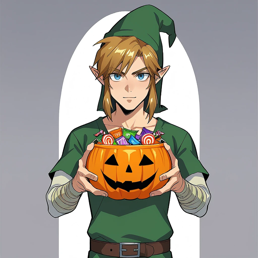 score_9, score_8_up, score_7_up, score_6_up, score_5_up, score_4_up, zPDXL2,source_anime,rating_questionable,solo, 1boy,Link, green tunic, Halloween costume, <lora:Halloween_Bucket:0.8> h4llbck, halloween bucket, looking at viewer, holding, candy,