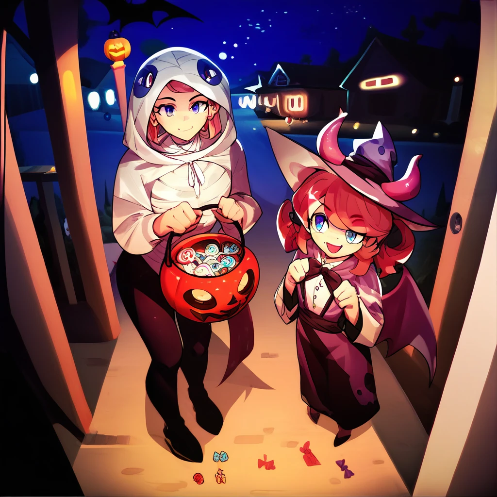 score_9, score_8_up, score_7_up, 2girls, multiple girls, tr1ck0rtr3at, holding, halloween bucket, doorway, street background, candies, halloween costume, night, halloween,