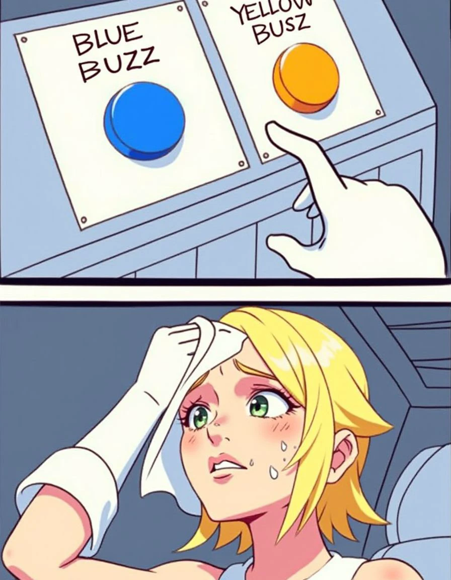 In twobuttonsmeme style.
two buttons, "Blue Buzz" label above the blue button, "Yellow Buzz" label above the yellow button.
a blonde girl wiping sweat.
<lora:fluxgym-style-twobuttonsmeme-lora01-000012:1>