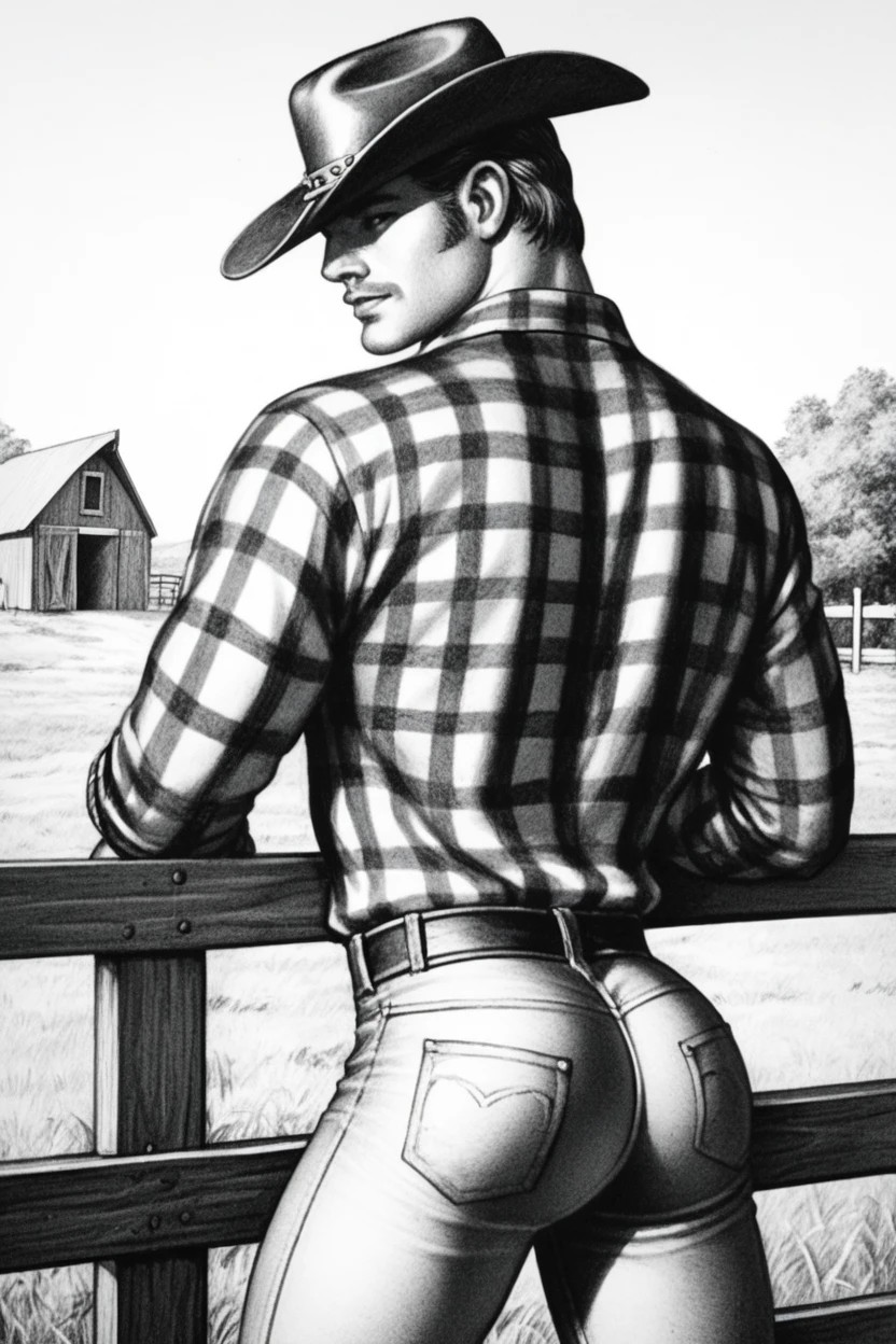 score_9, score_8_up, score_7_up, monochrome,high contrast，pencil drawing， male focus, cowboy hat, cowboy western, flannel shirt, chewing on hay, leaning on a ranch fence, tight jeans,  looking back, 