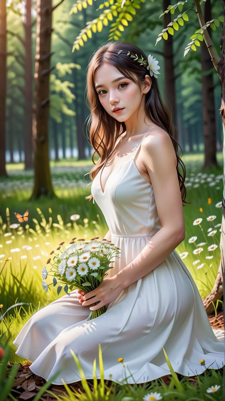 realistic, photo, 4k, masterpiece,best quality,ï¼
1girl, sitting on grass, flowers, holding flowers, warm lighting, white dress, blurry foreground, (forest:1.5)