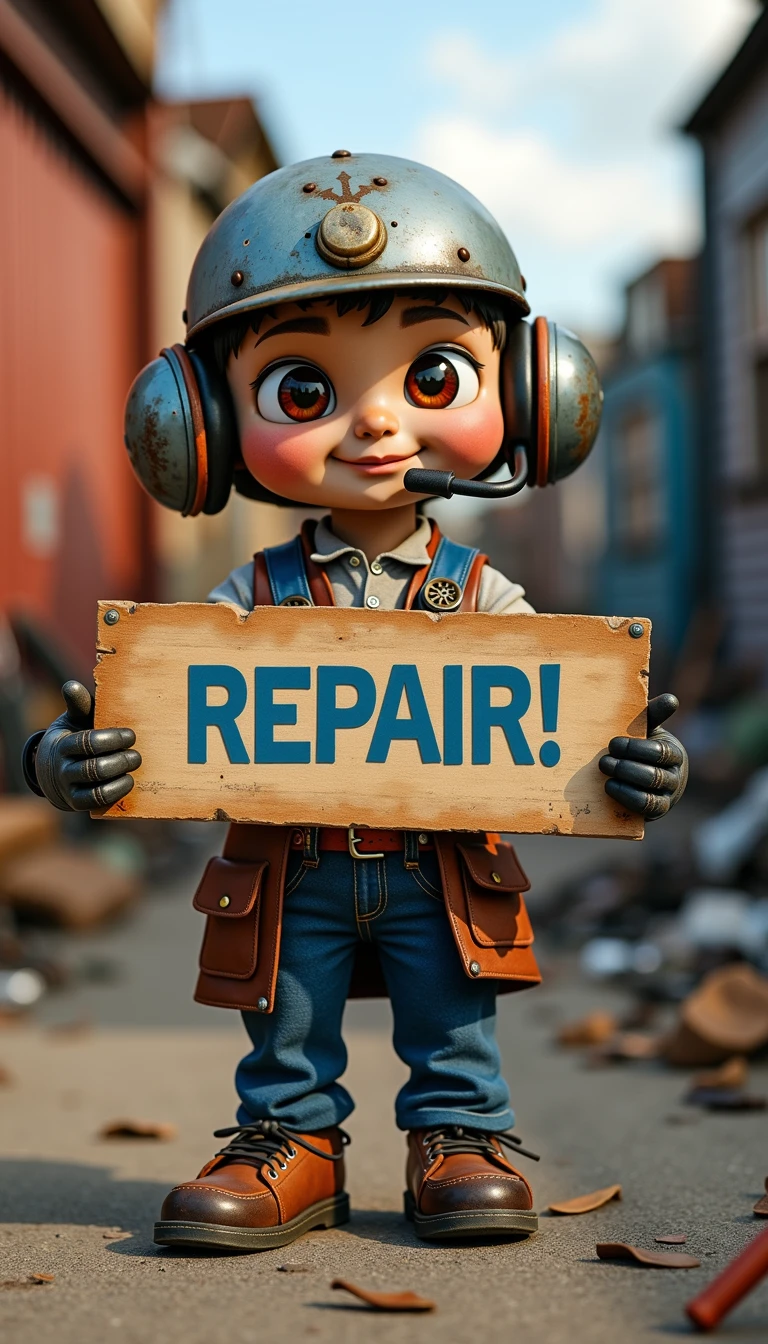 <lora:EverlyHeightsJunkbotsFlux:.5> A character holding a sign that says "REPAIR!" in bold letters, junkyard backdrop