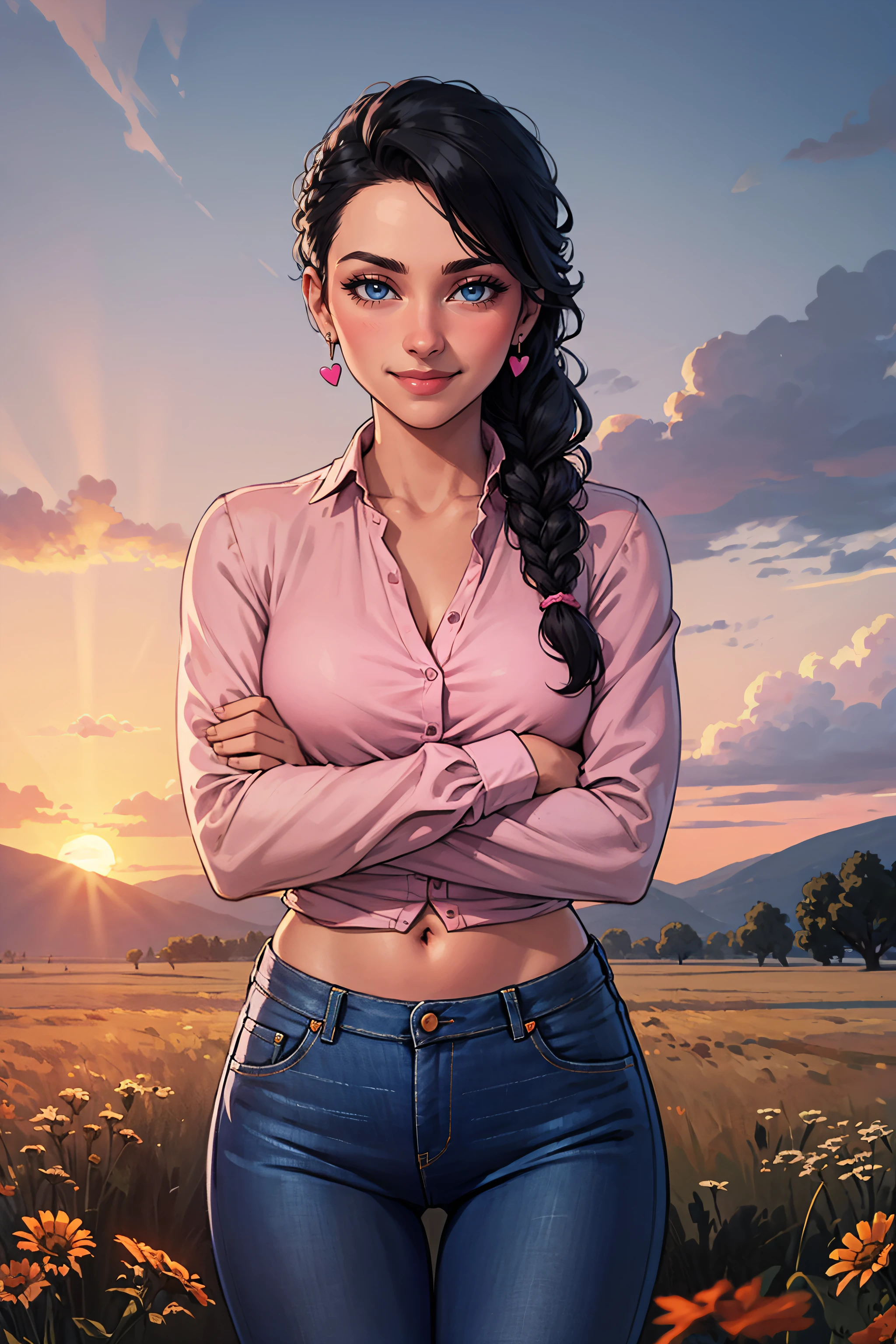 (masterpiece, highest quality, illustration), upper body, cowboy shot, solo, woman, smile, black hair, french braid, blue eyes, navel, pink blouse, long sleeves, jeans, heart_earrings, facing the viewer, standing, arms crossed, outdoors, field, sky, clouds, sunset