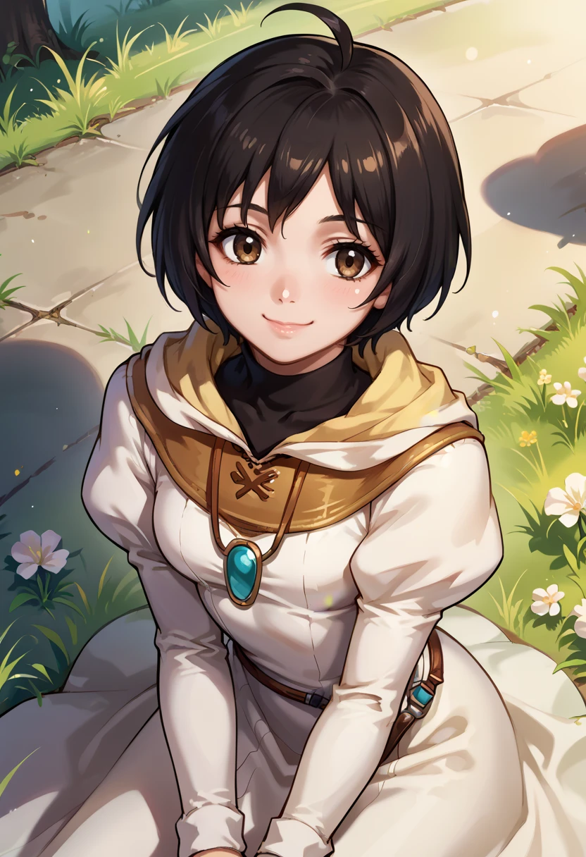 score_9, score_8_up, score_7_up, source_anime, 1girl, solo, outdoors, grass, sitting, wariza, from above,  
BREAK smile, <lora:LauraRDXL:1> lauraRD, black hair, short hair, ahoge, brown eyes, black turtleneck, white dress, hood down, long sleeves, juliet sleeves, pendant, pantyhose, brown boots