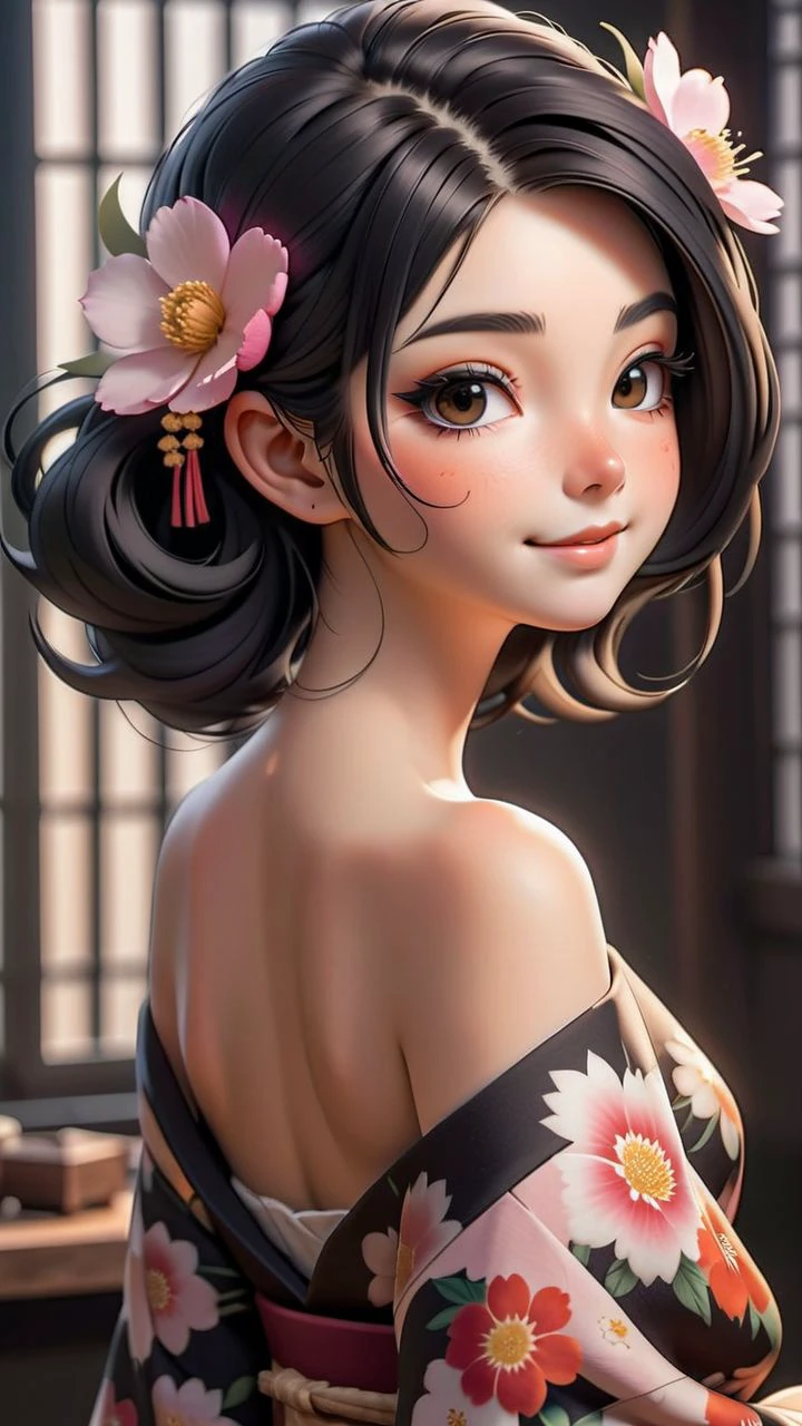 Japanese teenage girl, floral kimono, exposed shoulders, from behind, beautiful face, thick eyelashes, glossy eyes, black hair, cute smile, dark eyeshadow, shoulders tattoos, back tattoos, floral decoration in hair, falling petals, beautifully backlit, wideshot