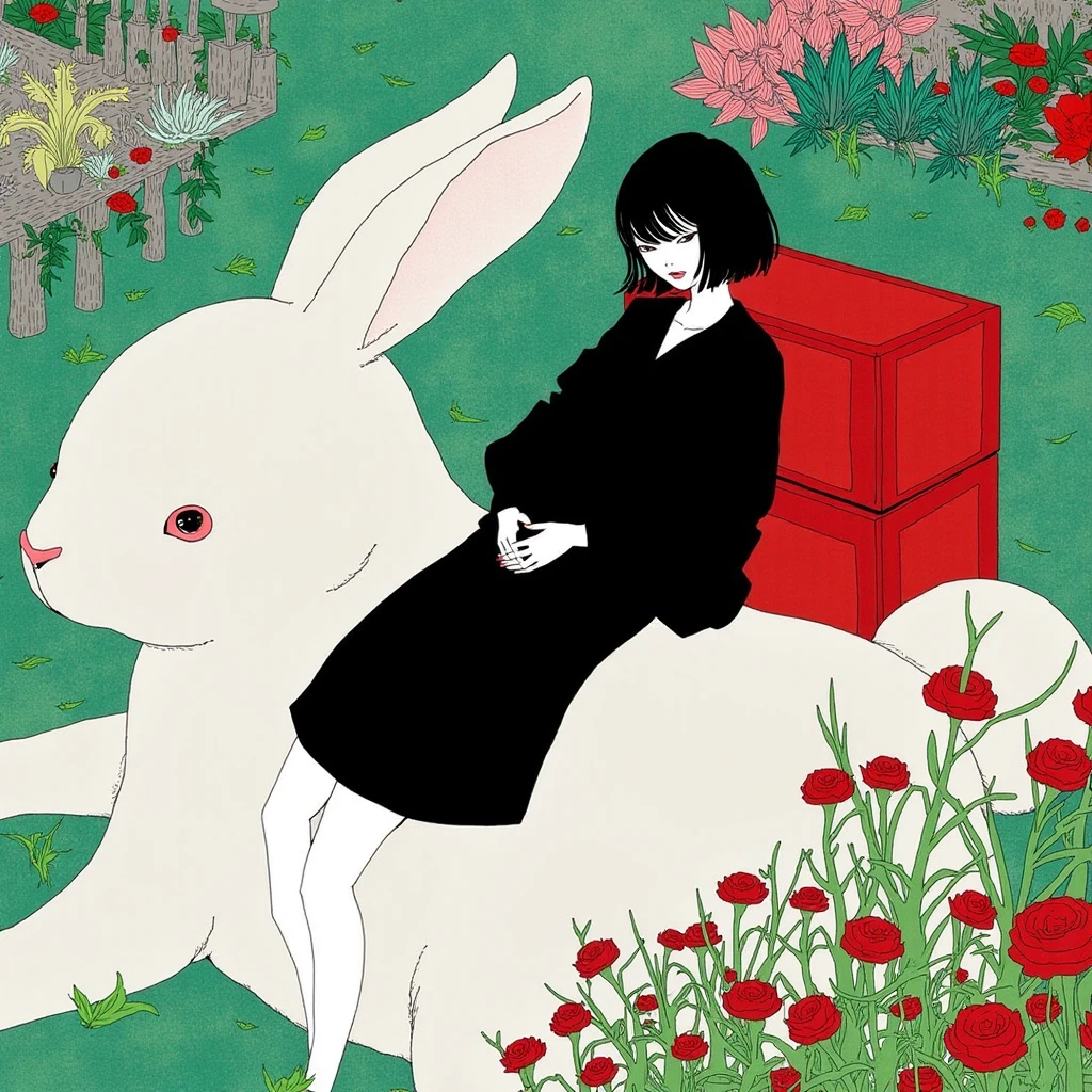 In style of Kotaro Chiba. The image portrays a woman with black hair, dressed in a black outfit, sitting on a white bunny. The bunny appears to be quite large, almost as tall as the woman. They are surrounded by a garden filled with various plants and flowers, creating a serene and peaceful atmosphere. In the background, there is a red box, adding a pop of color to the scene. The art style of the image is reminiscent of Japanese manga, characterized by its bold lines and vibrant colors.