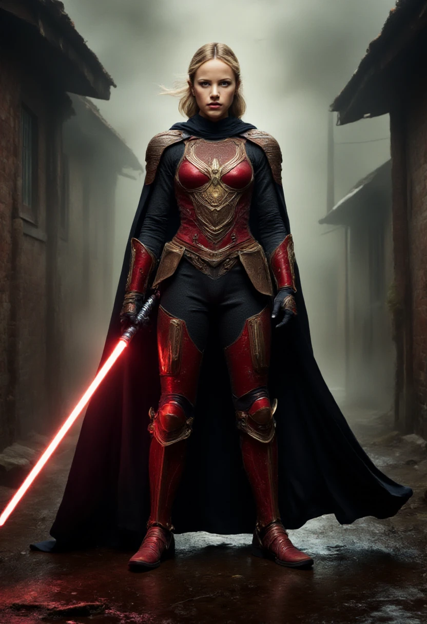 best quality, masterpiece, HDR photorealistic image, extremely detailed, great lighting, opt-halstonsage Jedi Knight in full high-tech mandalorian armor, stout, heavyset, very short and muscular woman, large breasts, red and red-grey armor with gold embellishments, star wars armor, no helm, androgynous face with green eyes and a blonde pixie cut, greaves, armored boots, Jedi cloak, holding a red lightsaber in one hand by the hilt in a fighting stance, in front of an alien slum scene, fog, dark clouds, shafts of light, High Definition HD, High Detail, Perfect Composition, star wars movie, cowboy shot from the front, <lora:OPT_-_Halston_Sage_Flux:1> <lora:DarkAtmospheric:1> DarkAtmosCE