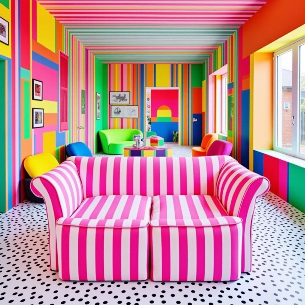 dcrvlr style room with stripped walls and polka dot floors, a pink sofa with white stripes on it, multi colored room