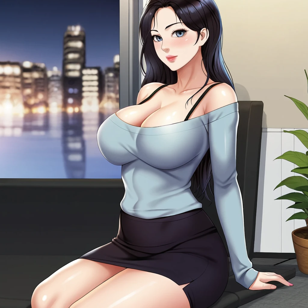 <lora:chaerin_pony_v1:.8> ChaeRin, 1girl, large breasts, black hair, long hair, cleavage, black skirt, blue eyes, off shoulder, bare shoulders, bra strap, collarbone, lips, underwear, shirt, pencil skirt, black bra, sweater