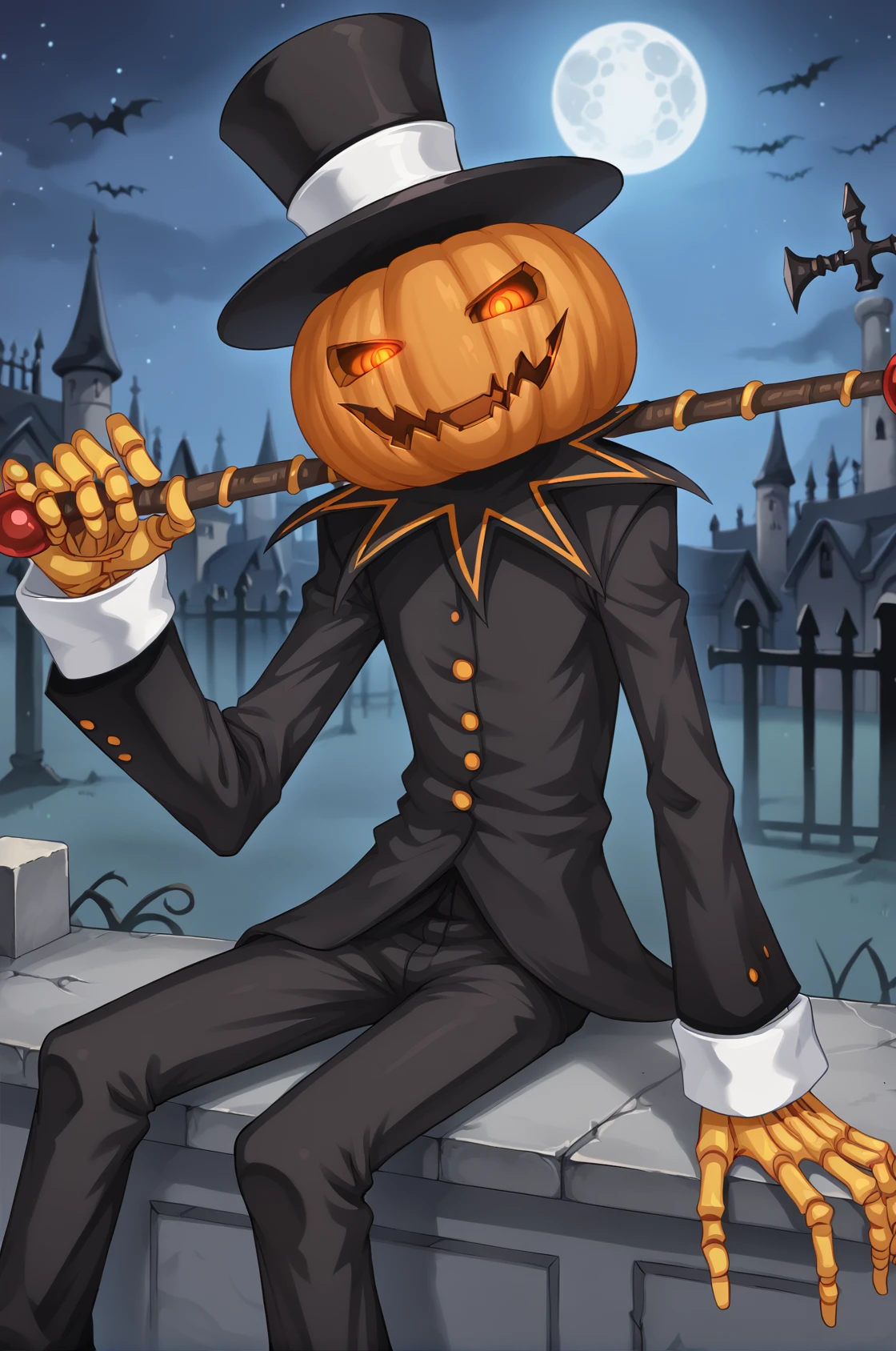 jakkRo, top hat, pumpkin head, black pants, glowing eyes, suit, long sleeves, no human,  skeleton hands,
holding staff, solo, 
looking at viewer,
sitting on gravestone,
night, tomb, dark atmosphere, full moon, haunted castle background,
<lora:jakkRoPonyV1.2-000006:0.95>