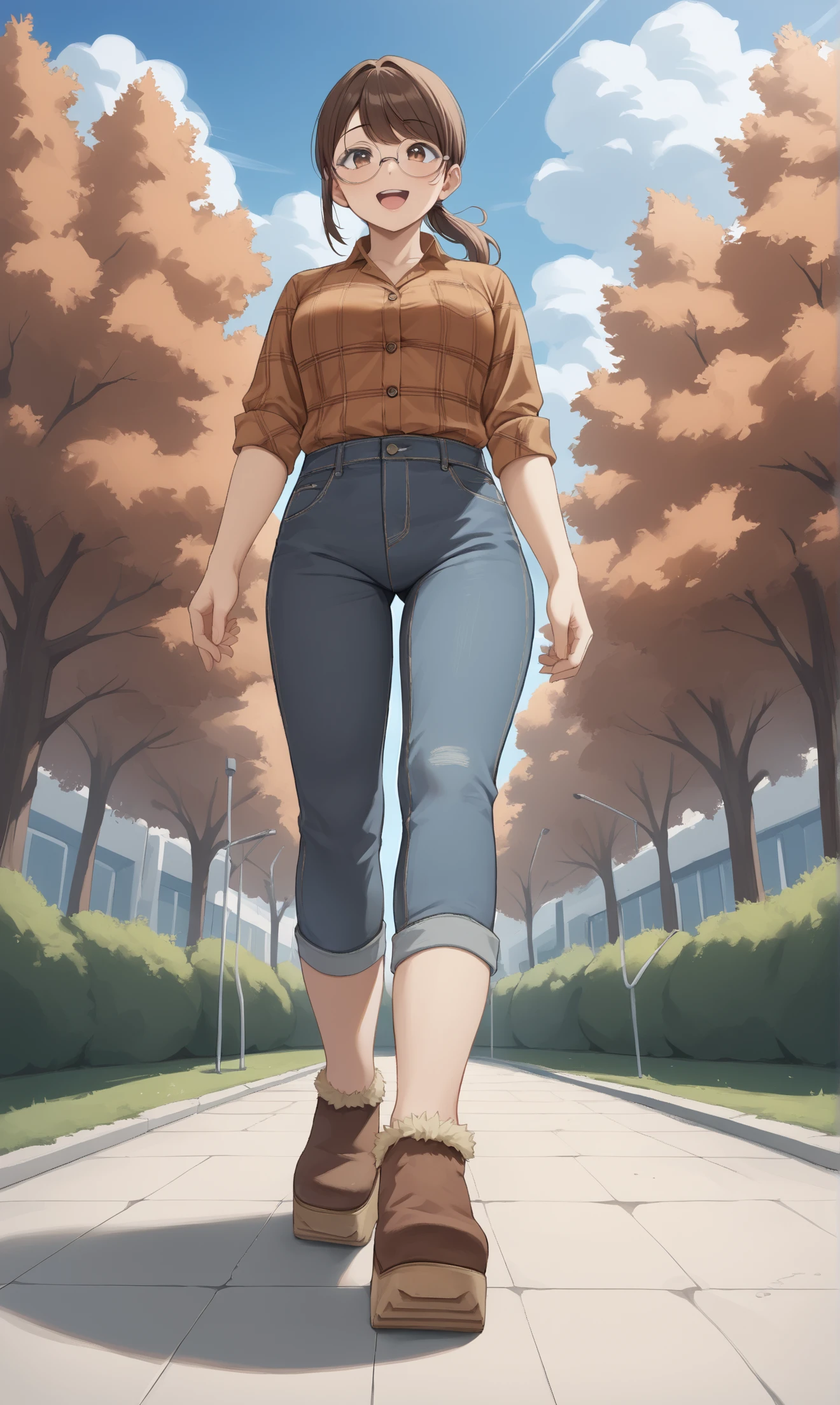 ((High Quality image 10k)) (( perfect autonomy)) Masterpiece, solo girl, brown eyes, red hair, wearing sleeveless black shirt, naked Bottom, pussy focus, sexy legs, evil smug grin, barefoot, Standing, in the park 