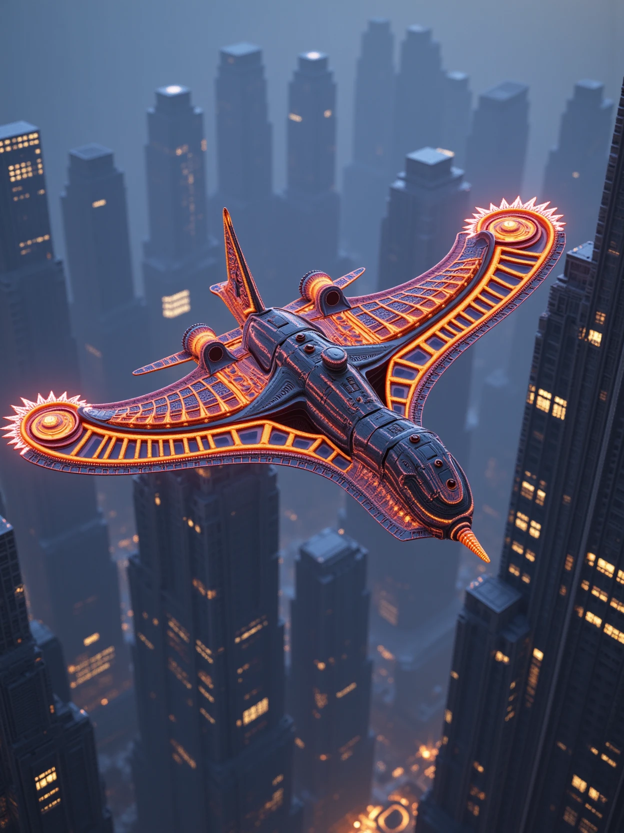 acidpolypite,the coil-like and cyberpunk airplane flying over a futuristic city,glowing_wings, 