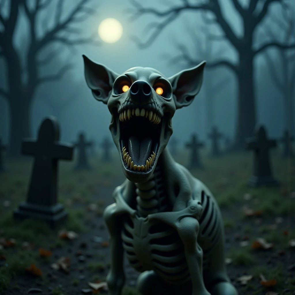 a skelet0n dog with a wide smile showing sharp, bony teeth. He is in a misty, moonlit cemetery.