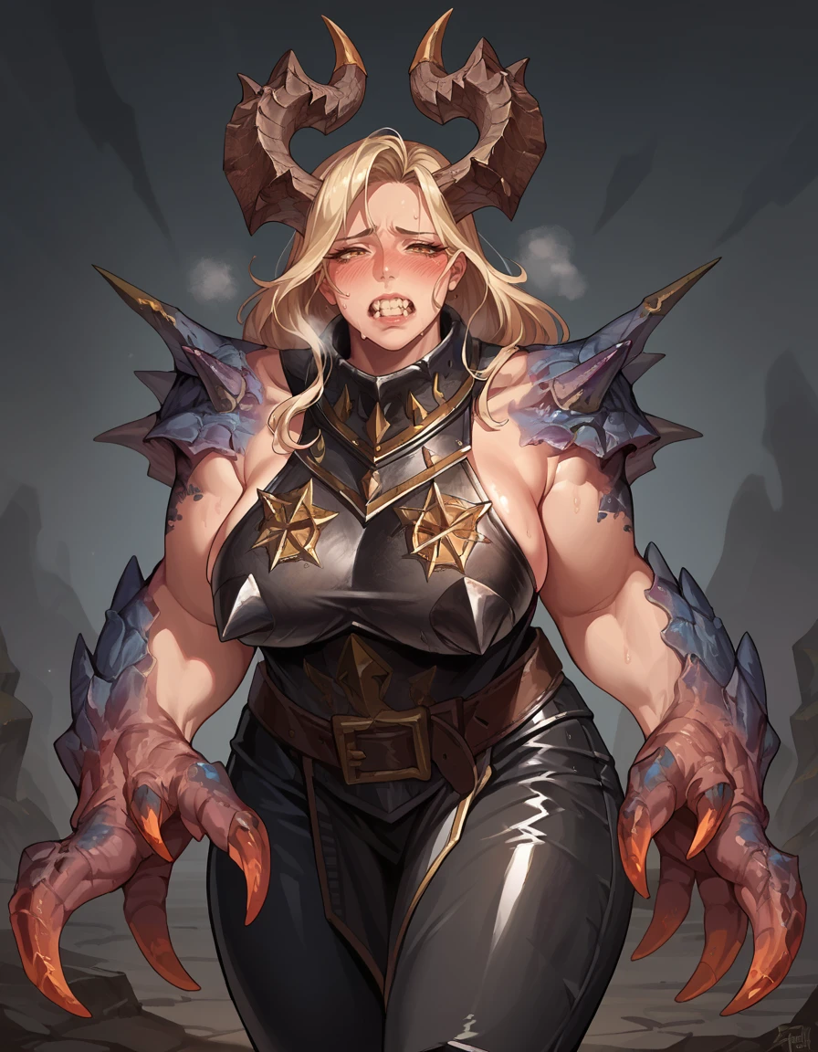 score_9, score_8_up, score_7_up, source_cartoon, 2d, solo,
ForsakenUndivided, monster, mature female, curvy, teeth, horns, claws, spikes, armor, 
in heat, blush,
<lora:ForsakenUndivided:0.8>