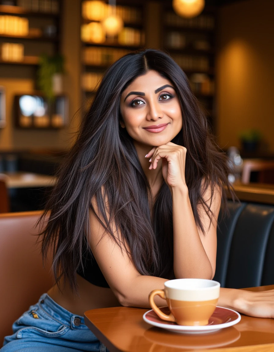 A charming portrait of Sh1lp4, an Indian woman, sitting in a cozy cafe.

Subject: Sh1lp4 is seated comfortably on a stylish chair, holding a coffee cup in one hand and looking straight at the camera. Her expression is warm and inviting, with a gentle smile playing on her lips. Her long, flowing dark hair cascades over her shoulders, framing her youthful face. Her fair skin has a natural, healthy glow enhanced by the warm lighting of the cafe.

Background: The cafe setting is warm and inviting, with soft, out-of-focus elements that suggest a cozy atmosphere. Wooden tables, bookshelves, and warm-toned decor create a comfortable ambiance without distracting from the subject.

Foreground: Sh1lp4's hands are visible, gracefully holding a ceramic coffee cup. The table in front of her is partially visible, perhaps with a book or a small plant to add depth to the scene.

Camera angle: A straight-on, medium close-up shot that captures Sh1lp4 from the waist up, allowing the viewer to see her seated posture and the coffee cup in her hand. The camera is positioned at eye level, creating a direct and engaging connection with the subject.