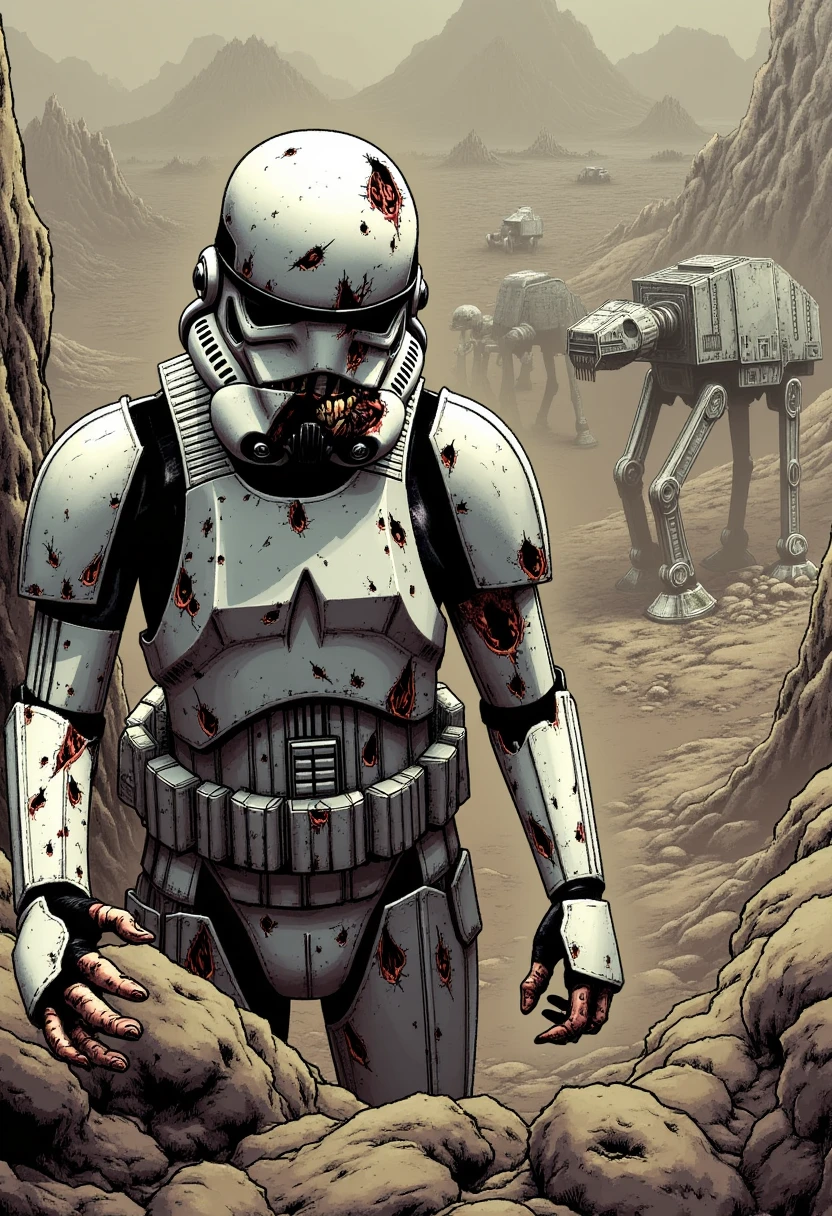 Imagine an image in the style of a gritty, horror comic book. A lone zombie Stormtrooper stands atop a cliff, looking over a barren landscape filled with the wreckage of TIE Fighters and shattered AT-AT legs. Its helmet is cracked, exposing a skeletal face with missing teeth, and its gauntlet reaches out towards the viewer, decayed fingers curling menacingly.